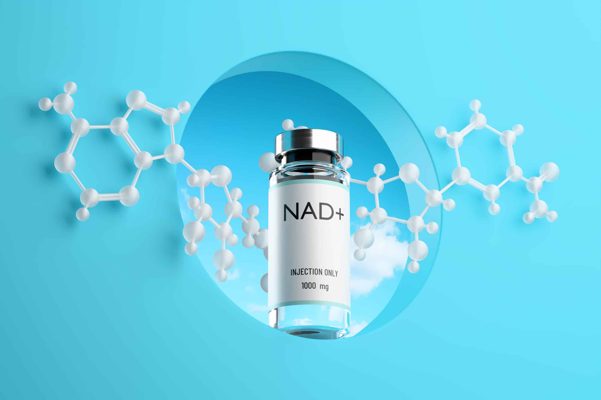 Bottom view of molecular structure NAD and ampoule with solution for injection in the hole on blue background. Concept of anti aging therapy and life extension. 3d render, illustration.